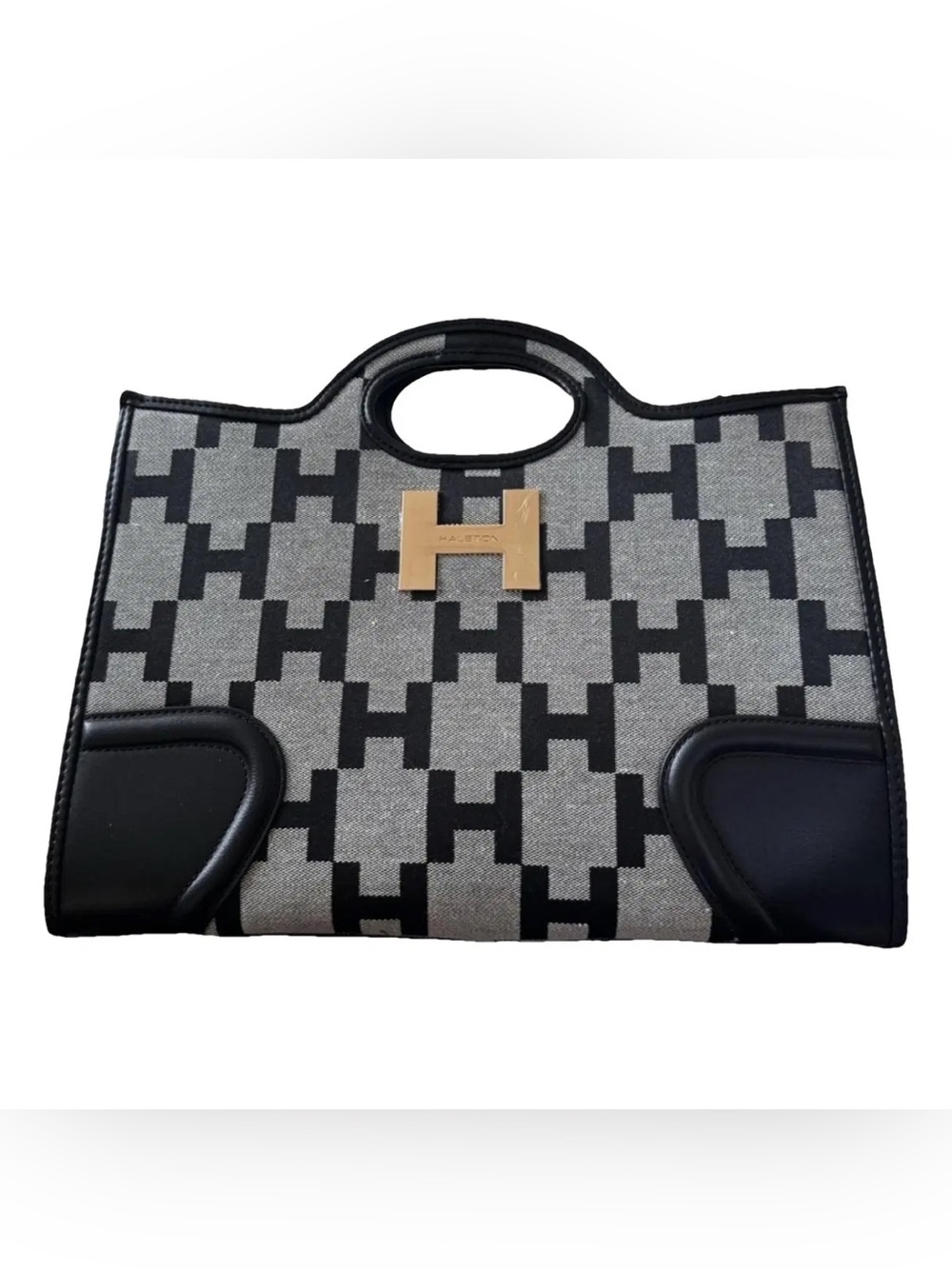 Halston Pattern Grey & Black Canvas Tote with Gold Accent